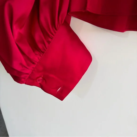 ELOQUII Satin Blouse Size 16 Balloon Sleeve Tie Back Red Holiday Party Top Plus - Picture 12 of 16